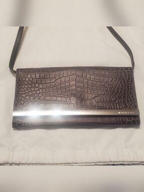 Michael Kors Croc-Embossed Leather Clutch in Dark Brown with Silver Accent